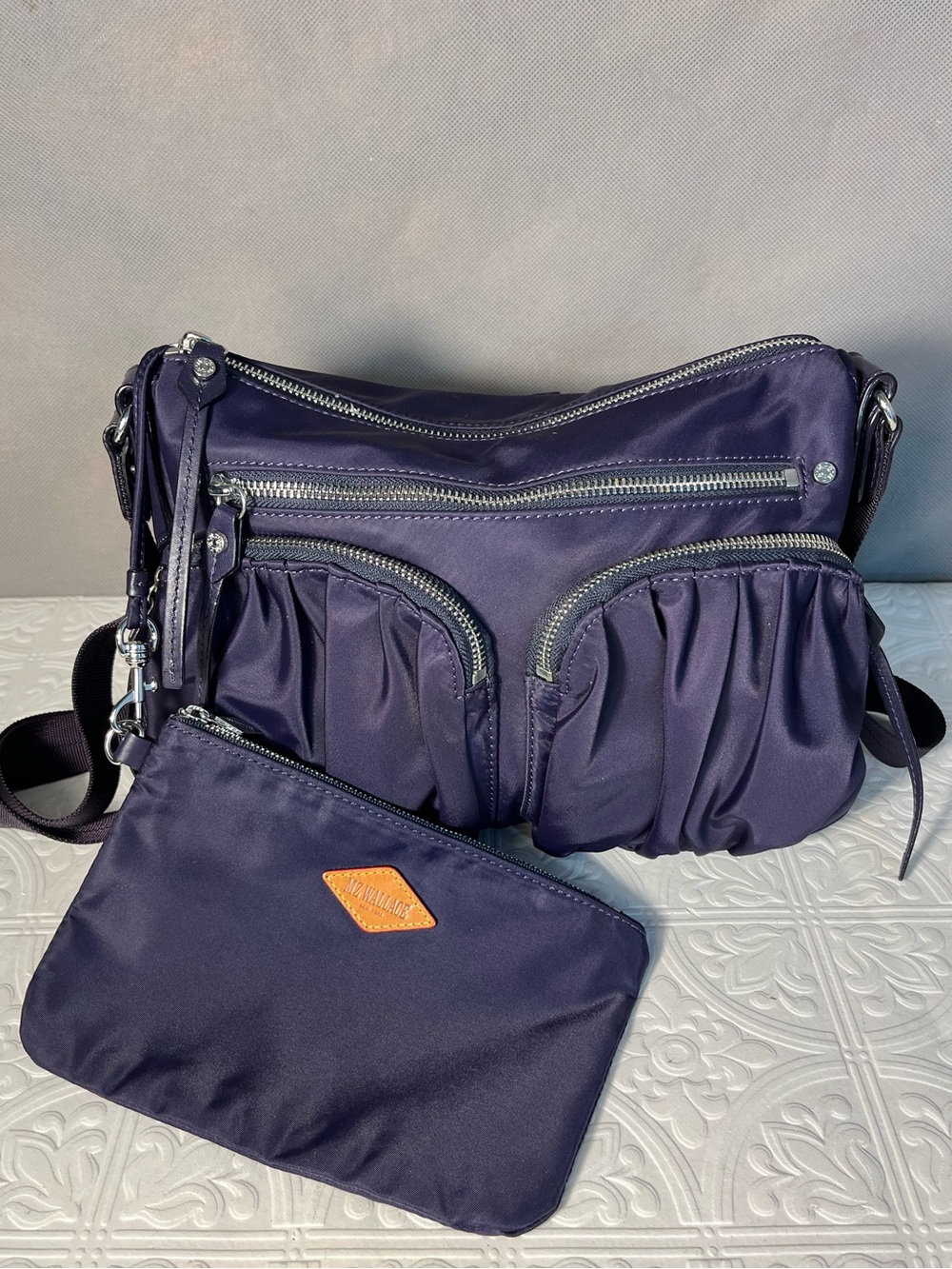 MZ Wallace Paige Bedford Nylon Crossbody Bag Eggplant Purple Silver Hardware - Picture 2 of 10